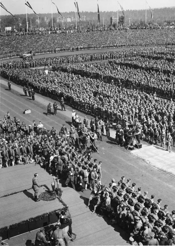 Adolf Hitler speaking in front of the Hitlerjugend in Nürnberg